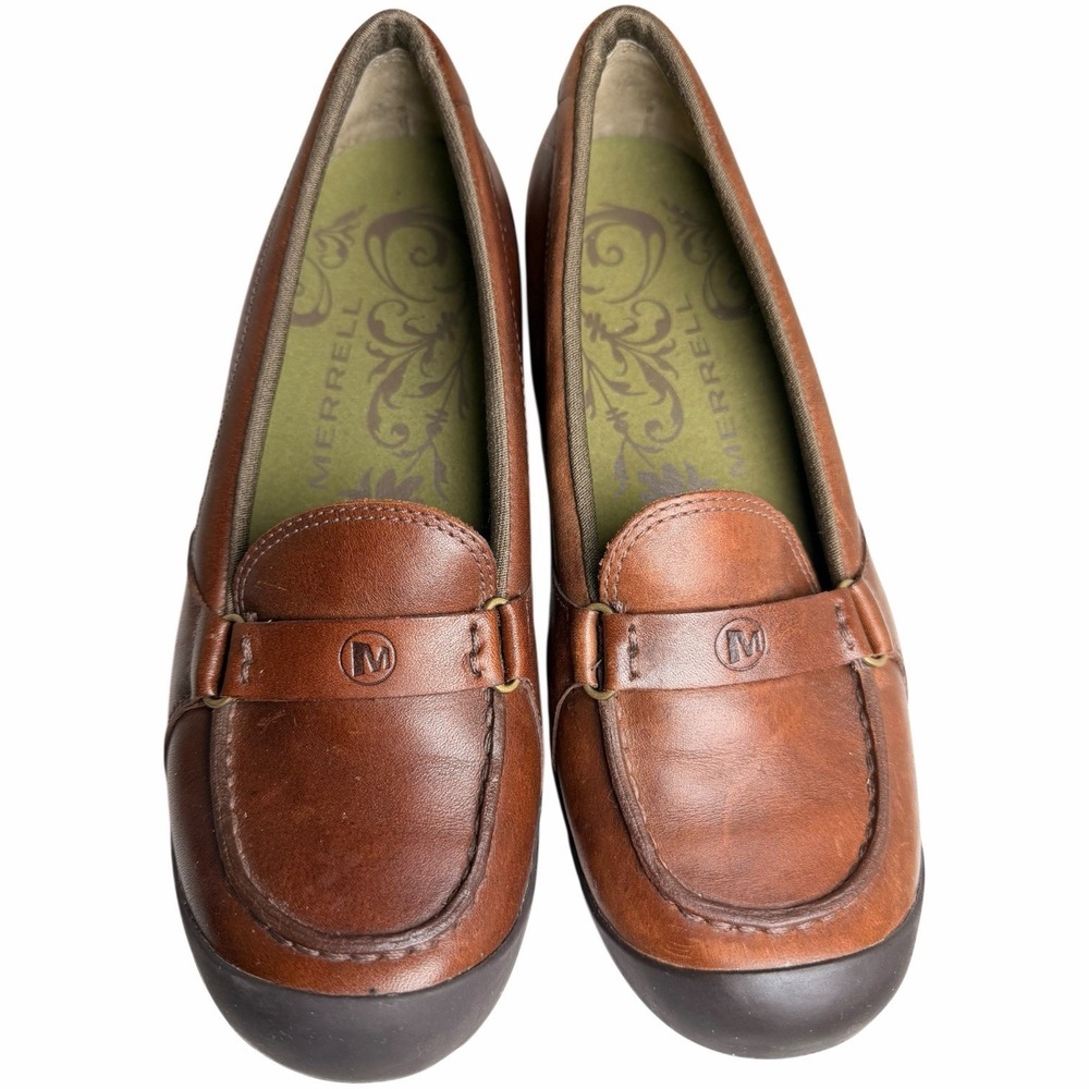 Merrell Plaza Glide Brown Leather Loafers Womens 8 Comfort‎ Slip On Wedge Casual